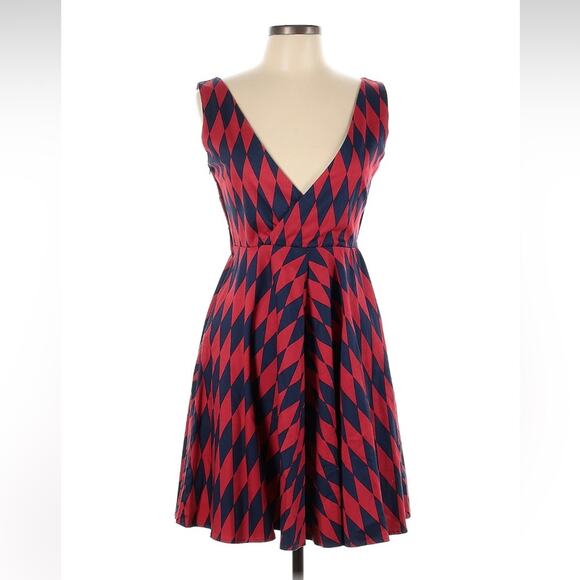 Ixia made in USA harlequin patterned red and blue diamond fit and flare dress, L - Picture 2 of 7